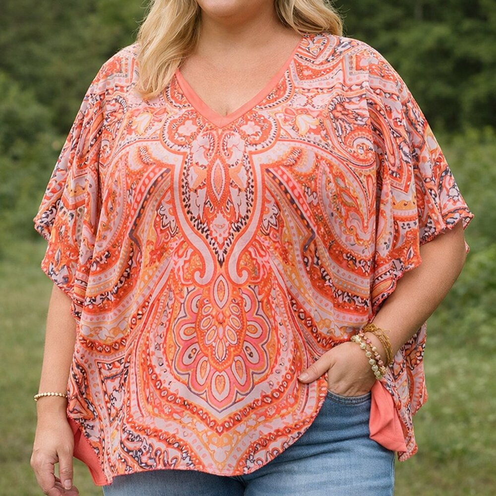 Sara Michelle 1X Boho Paisley Poncho Top Coral Orange Flowy Blouse Womens Plus